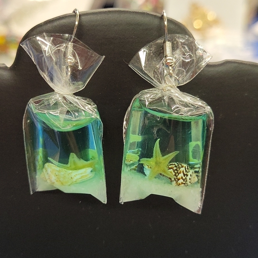 Under the Sea Foliage & Shell in a Hard Resin Plastic Bag 1.5" Earrings. Earring